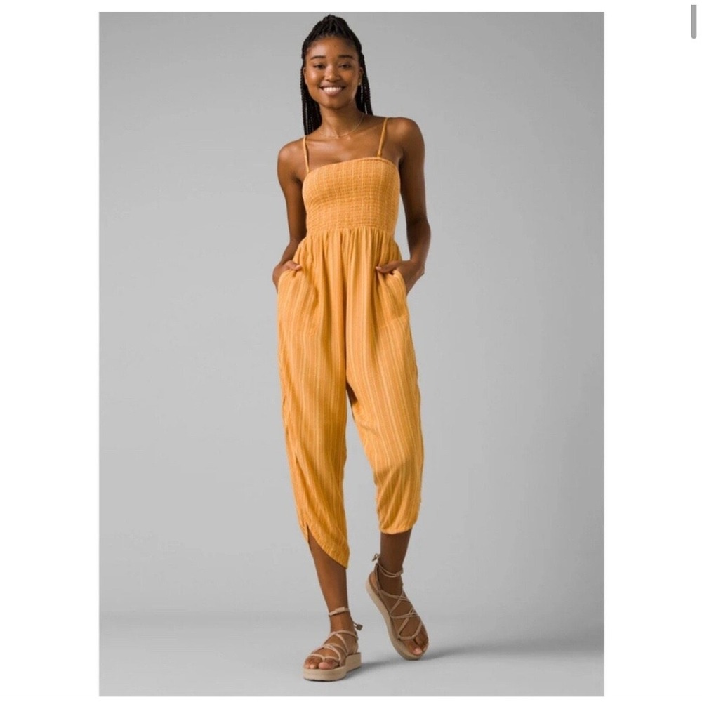prAna Fernie Smocked Jumpsuit Womens Large Mustard Yellow Striped Boho Outdoor